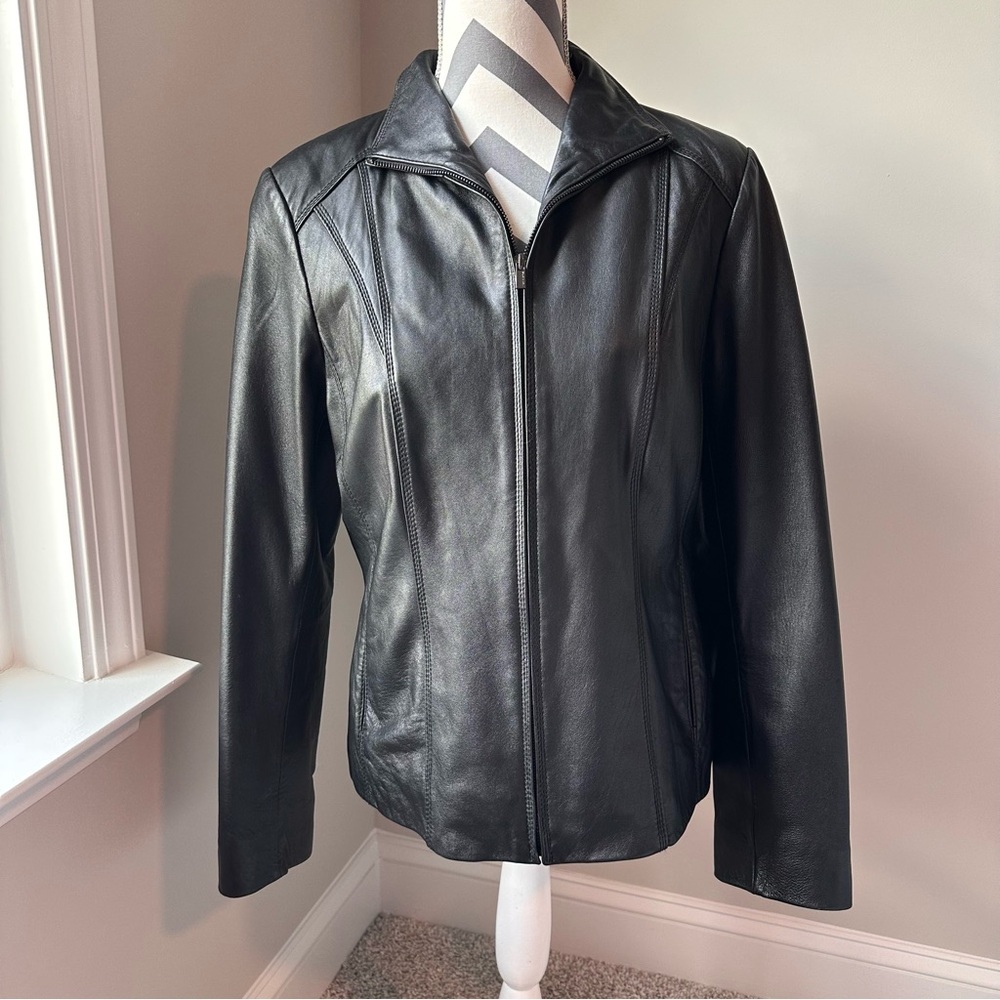 Wilsons Leather Genuine Leather Zip Up Jacket Medium Black Minimalist Motorcycle